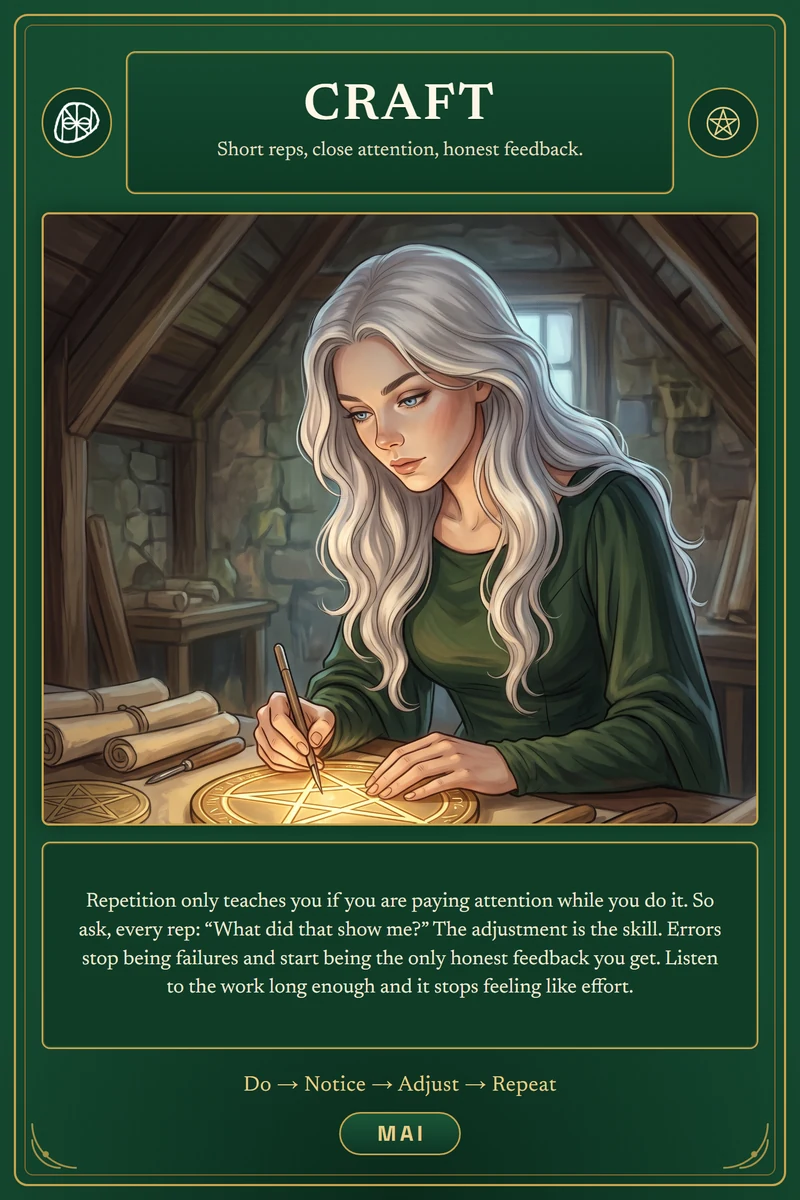 An oracle card titled Craft, illustrated in green and antique gold